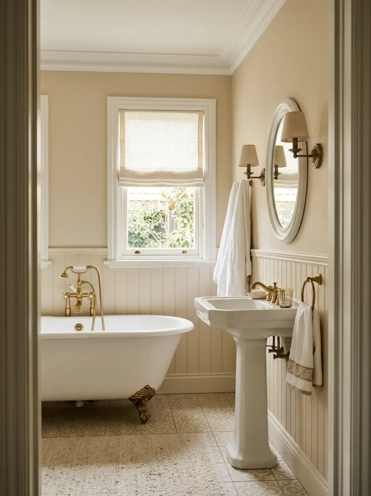 Layered beige and white bathroom with cream wainscoting, white clawfoot tub, and brass sconces on either side of a white oval mirror