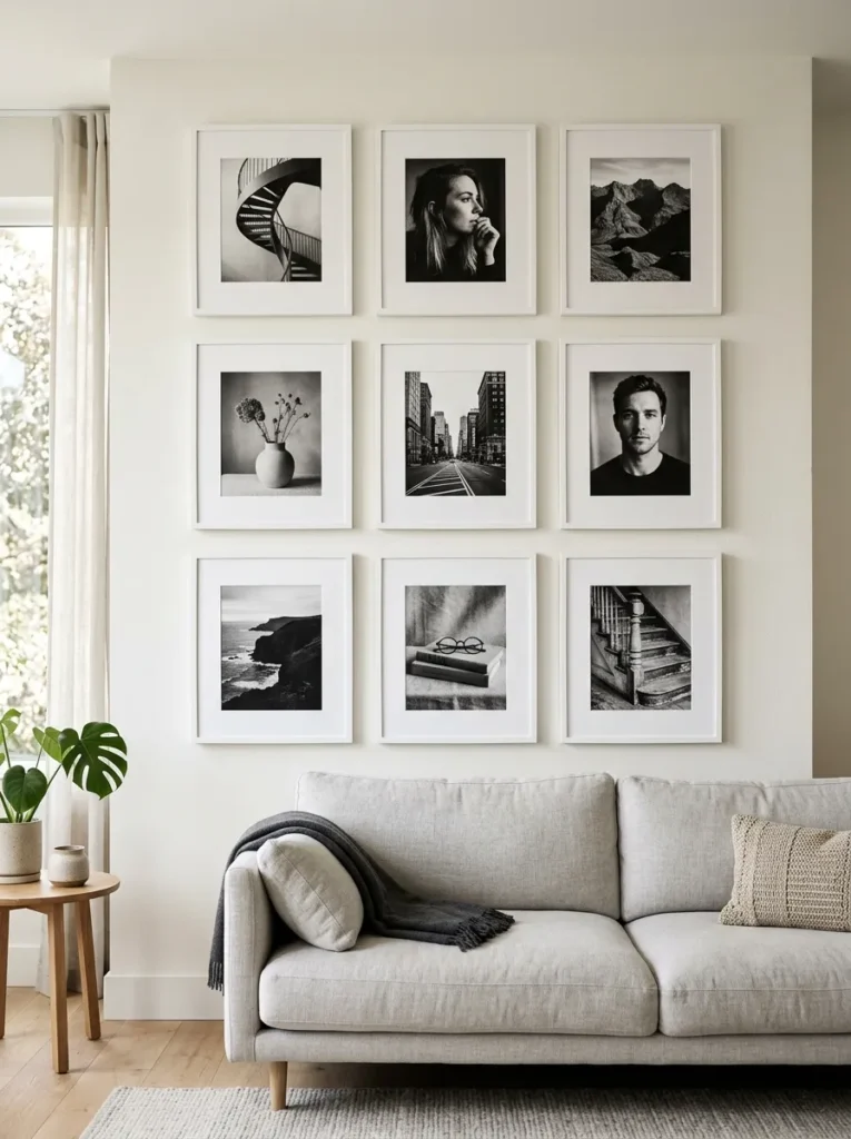 Nine high-contrast black-and-white photographs in matching white frames with wide mats arranged in a three-by-three grid on a warm white wall
