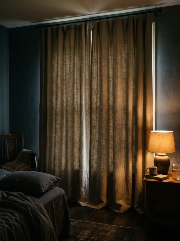 Blackout linen curtains closed in a bedroom with natural slub texture showing, room genuinely dark with only warm lamp light inside