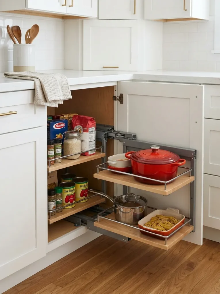 Kitchen blind corner cabinet with pull-out shelf system fully extended, showing two shelves slid forward with pots and pantry items accessible