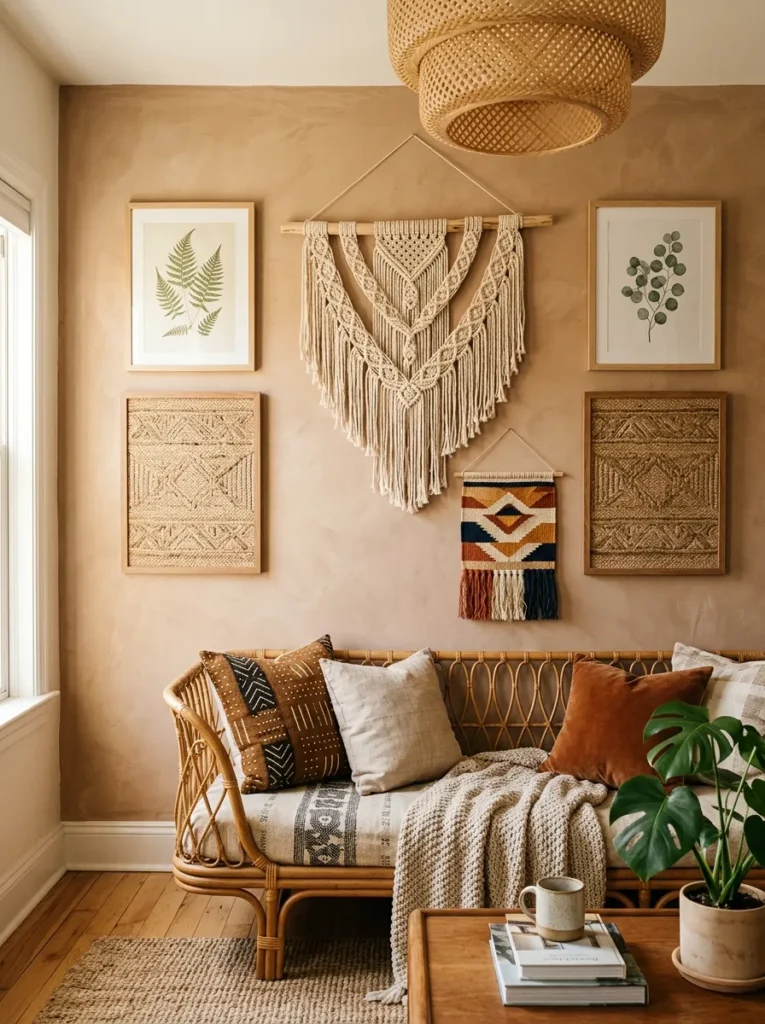 Boho gallery wall above a rattan sofa combining macramé, woven textile panels, botanical prints, and a small tapestry in warm earthy tones
