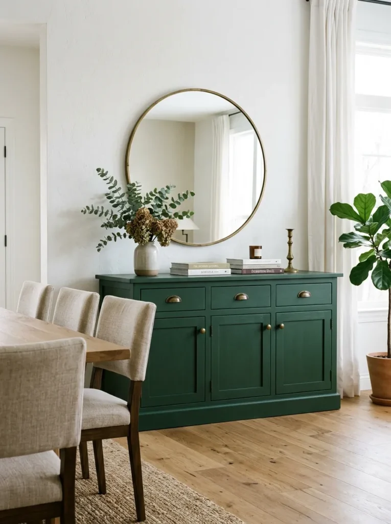 Forest green painted dining room console with aged brass hardware as the sole color accent against white walls and a round mirror above