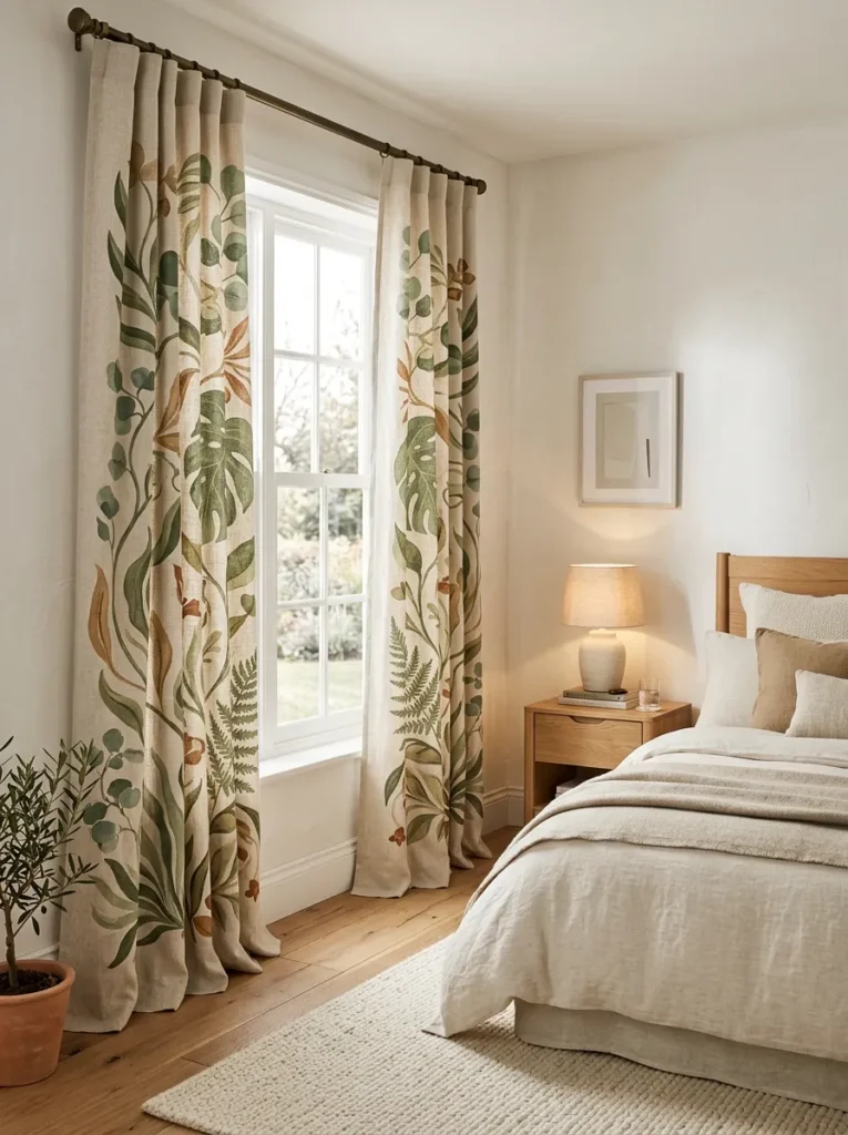 Floor-length botanical print curtains in earthy green and tan as the sole pattern element in a neutral bedroom with warm white walls and cream bedding