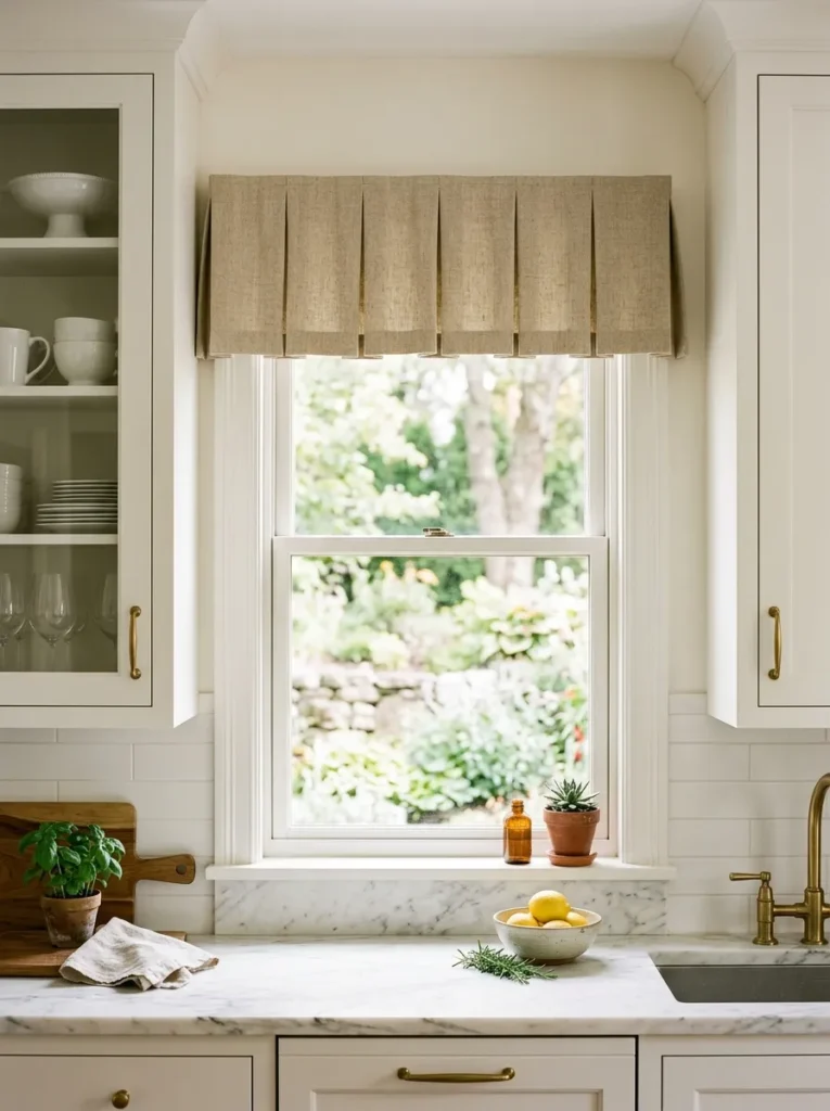 Box-pleated natural linen valance at the top of a kitchen window covering only the upper 10 inches, leaving the full pane open below