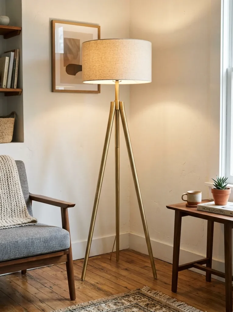 Brushed brass tripod floor lamp with a wide linen drum shade in a living room corner, three-leg spread clearly visible as a geometric floor element