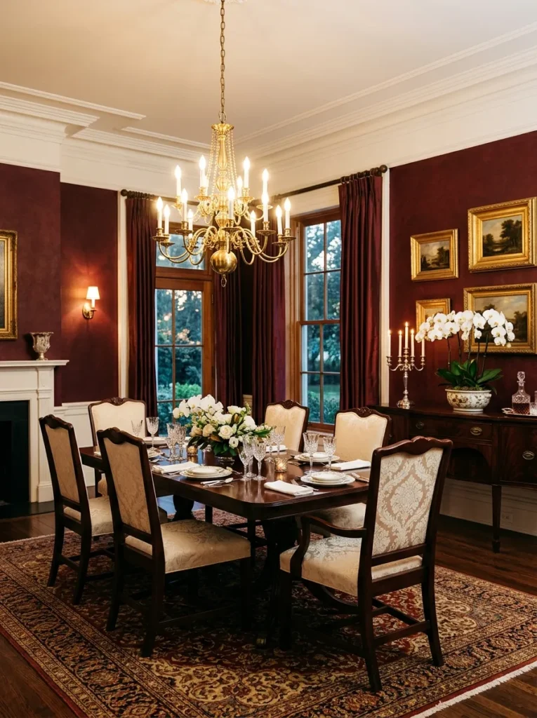 Rich burgundy dining room with mahogany table, cream damask chairs, tiered gold chandelier, and Persian rug in warm evening light
