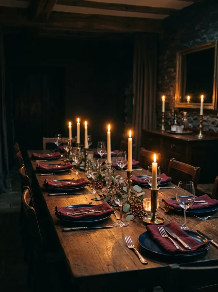 Dining table set with dark navy plates and burgundy napkins lit entirely by candlelight with no overhead fixtures, a sideboard with candles visible in the background