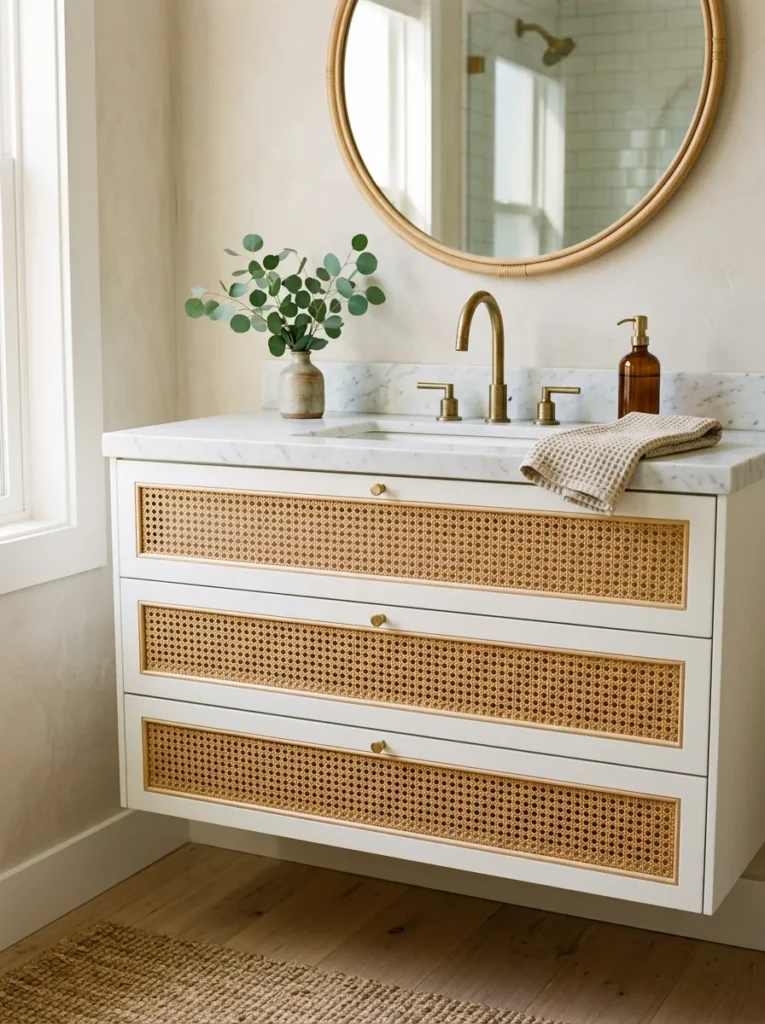 Floating bathroom vanity with woven cane-panel drawer fronts in a white frame, marble countertop, and unlacquered brass faucet