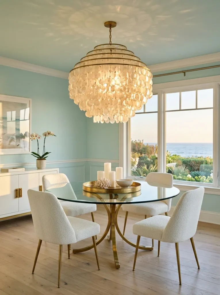 Iridescent capiz shell tiered globe chandelier above a glass and brass dining table in a coastal-glam dining room with aquamarine walls