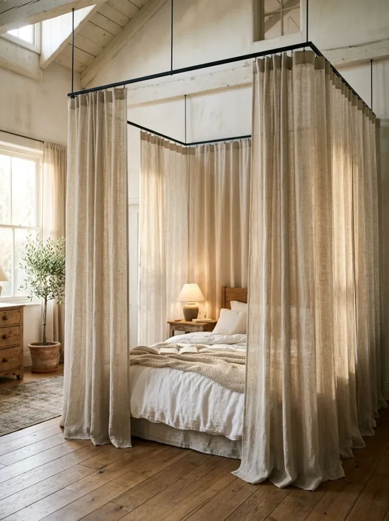 Ceiling-mounted curtain track with sheer linen panels forming a rectangular canopy around the bed, two panels drawn and two open