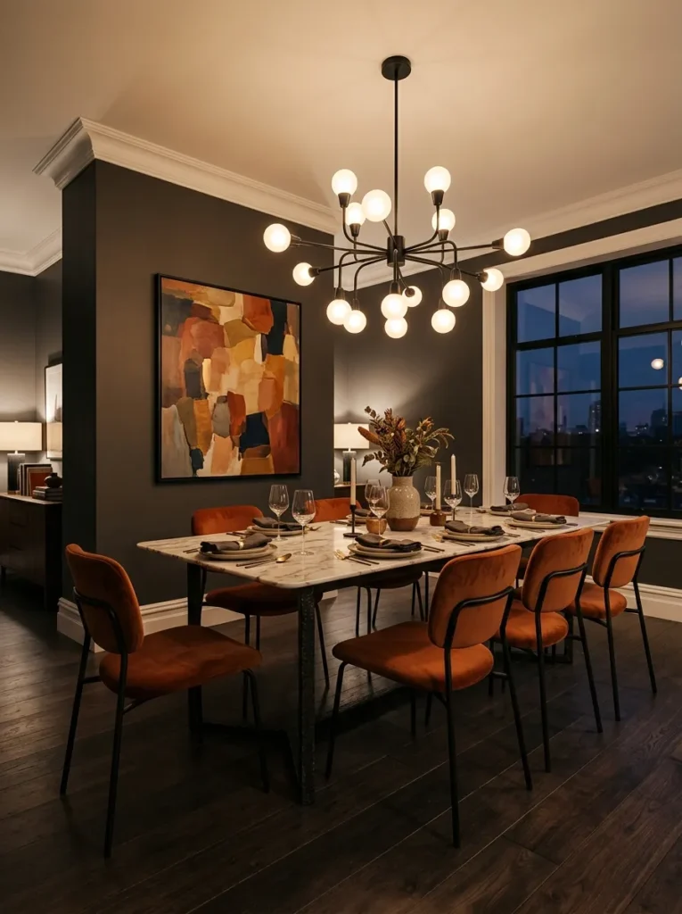 Warm charcoal dining room with white marble table, rust velvet chairs, matte black chandelier, and large abstract painting
