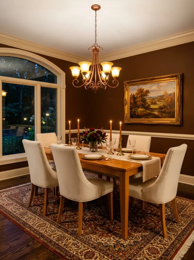 Rich chocolate brown dining room with honey oak table, cream chairs, antique copper chandelier with amber glass, and Persian rug
