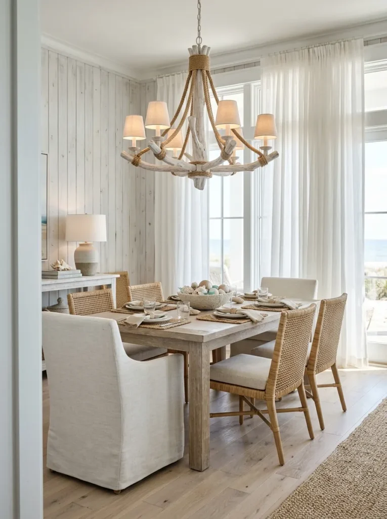 Whitewashed driftwood and rope chandelier with linen shades above a bleached oak dining table in a coastal dining room with sheer curtains