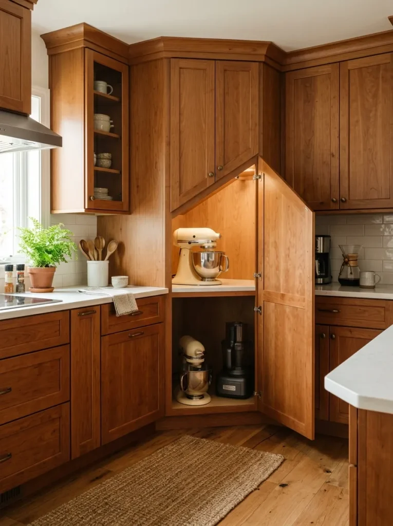 Corner appliance garage with a diagonal angled front panel open, revealing a deep interior holding a stand mixer and food processor in previously dead corner space
