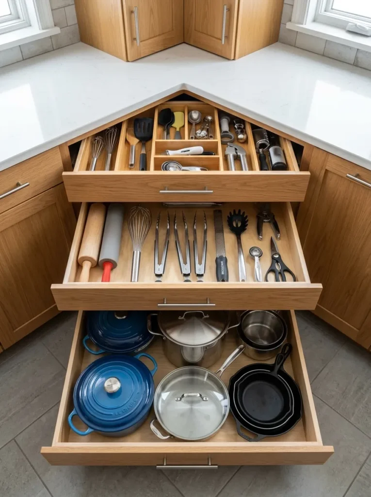 Overhead view of a corner drawer cabinet with three drawers open showing utensils, cooking tools, and deep pot storage accessible from above