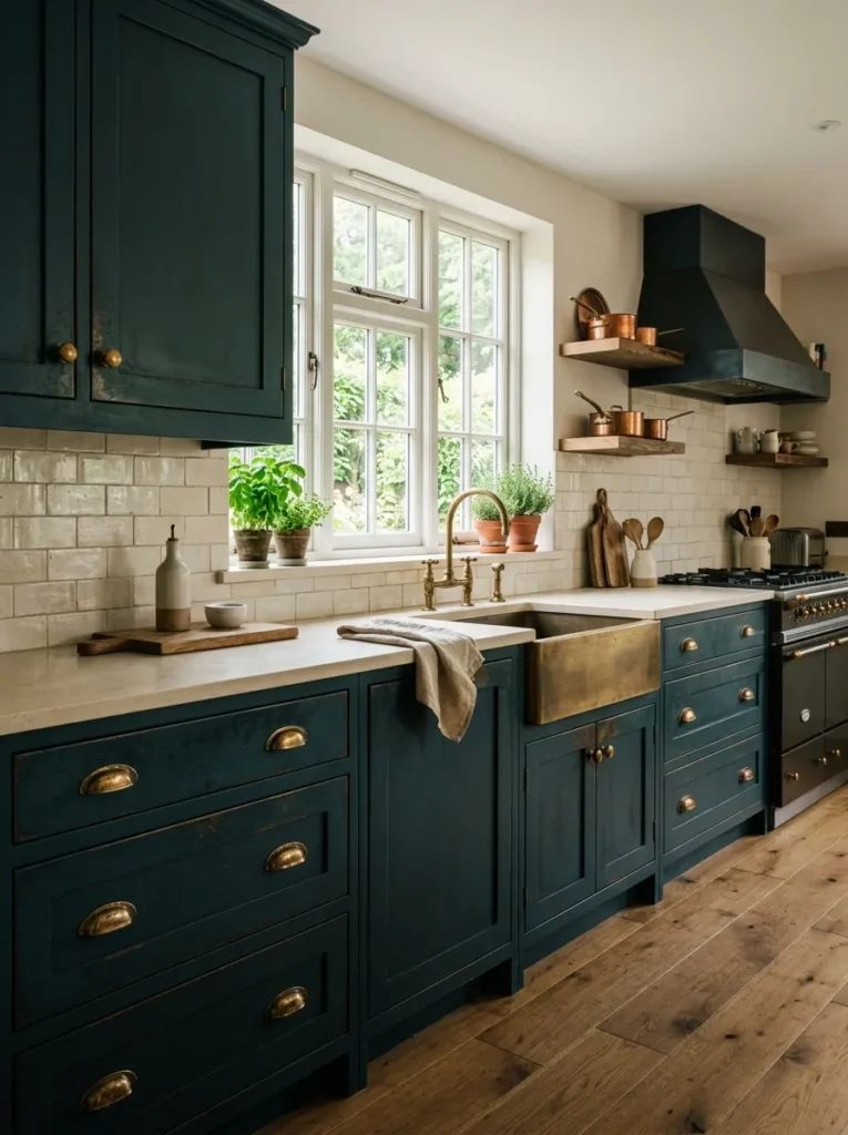 Deep dark teal kitchen cabinets with aged brass hardware and cream countertops, natural light from a window above the sink