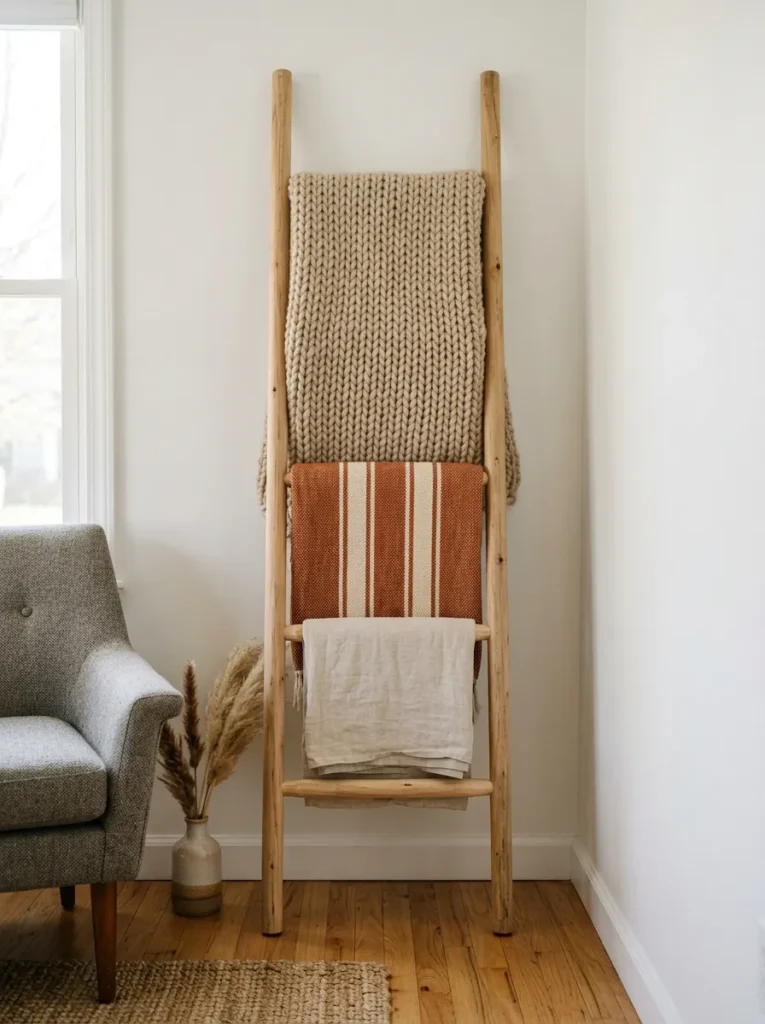 Natural wood decorative ladder leaning in a living room corner with a chunky knit throw, woven striped blanket, and linen throw draped at different rungs
