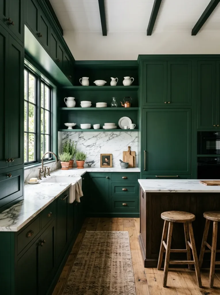 Floor-to-ceiling deep forest green kitchen cabinets with aged bronze hardware and white marble countertop and backsplash
