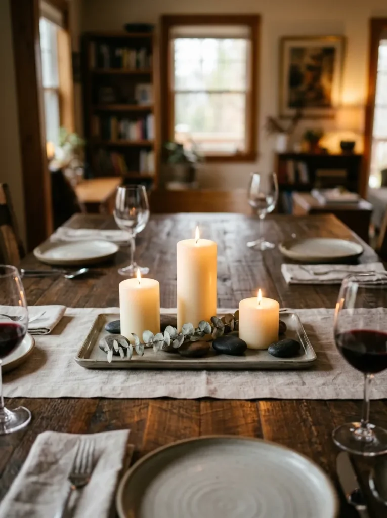 Low dining table centerpiece with candles at under 8 inches and dried stems maintaining completely clear sightlines across the table from a seated position
