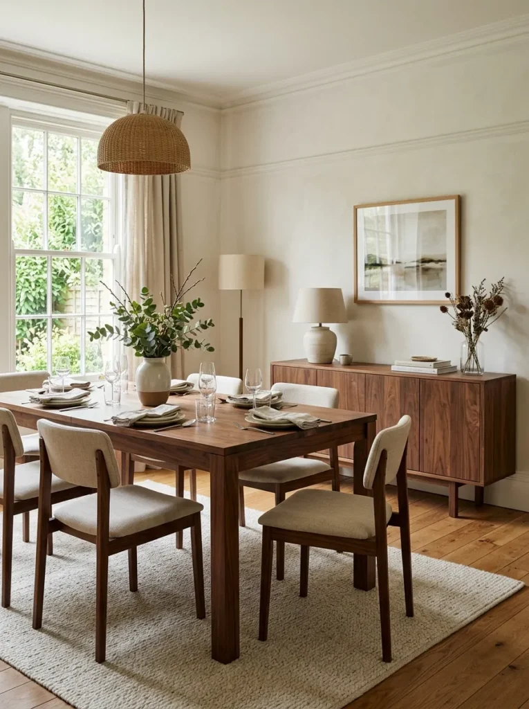 Dining room with walnut dining table in the foreground and walnut sideboard console against the back wall showing matched wood tones