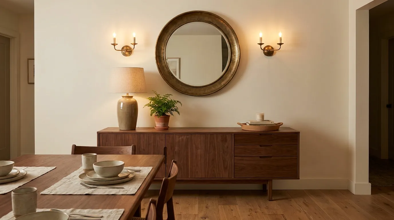 Long walnut sideboard in a dining room with a brass mirror and flanking sconces above, lamp and plant on the surface
