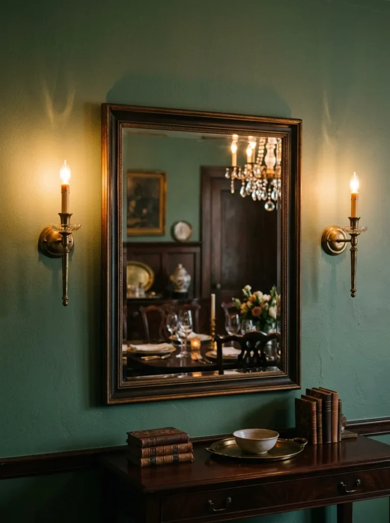 Dining room wall with a wide mirror flanked by two aged brass sconces at equal distance from the mirror edge, sconces lit in warm evening light