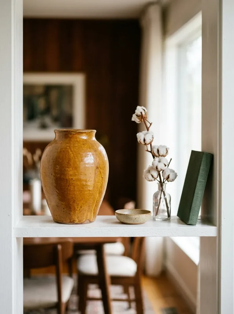 One dining room shelf level showing the anchor principle — a large handthrown amber ceramic vase occupying one-third of the shelf length with smaller objects arranged to its right, demonstrating how a single statement object grounds the composition
