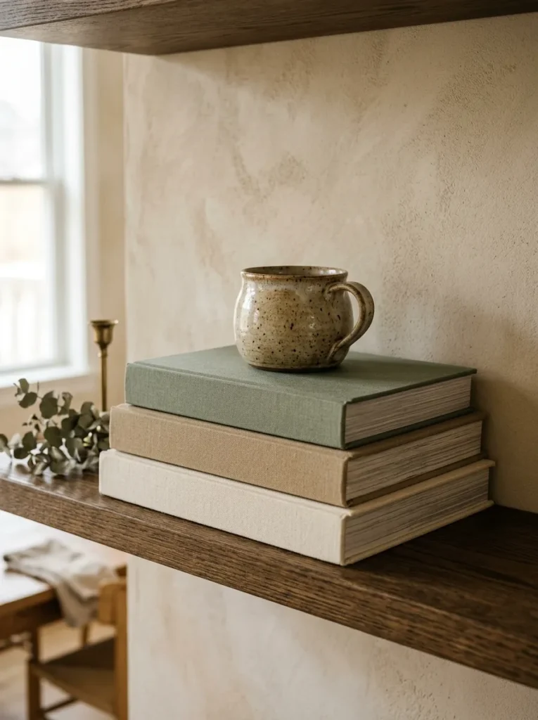 Three horizontally stacked hardcover books in cream, tan, and sage tones on a dining room shelf with a small handthrown ceramic pot placed on top, showing how the book stack creates an elevated base layer for the displayed object

