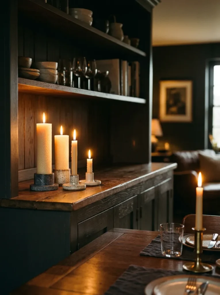 Three lit pillar candles of varying heights in stone and ceramic holders grouped on the lowest dining room shelf level, creating candlelight at shelf height that complements the dining table candles visible at the frame's lower edge
