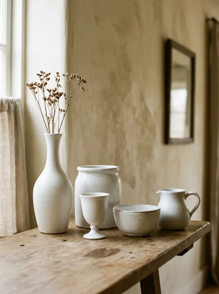 Grouping of five matte white ceramic vessels of different forms — tall vase, wide bowl, small pitcher, medium crock, and footed cup — on a dining room shelf, showing how material repetition across varied object types creates visual coherence
