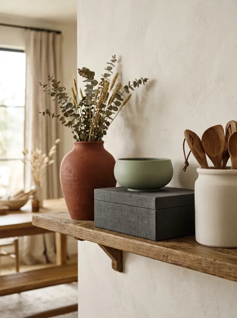 Dining room shelf arrangement where every object — terracotta vase, sage bowl, white crock, and linen-covered box — shares a uniform matte finish quality, creating cohesion across varied colors and forms through finish consistency
