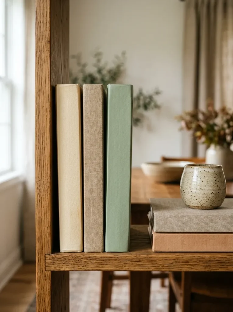 Three hardcover cookbooks displayed spine-out in coordinating warm tones on a dining room shelf with a small handthrown ceramic placed on a horizontal book stack beside them
