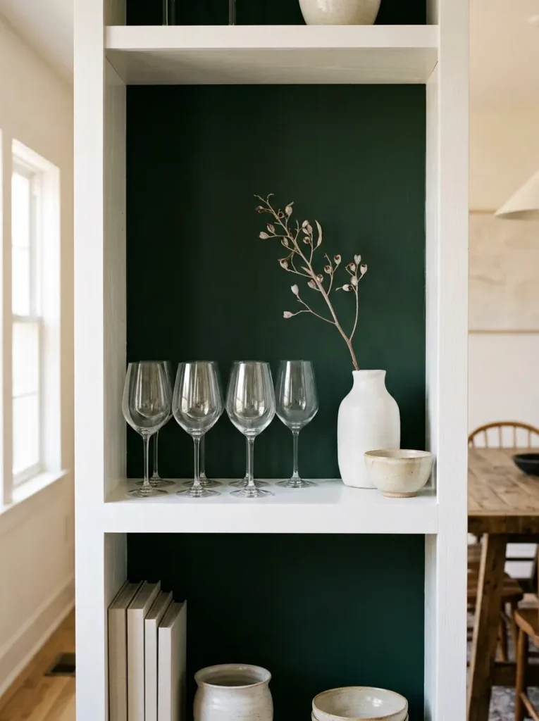 White dining room shelf unit with deep forest green painted back panels, showing how the dark backdrop transforms clear wine glasses, a white ceramic vase, and a light ceramic bowl into dramatically visible sculptural elements
