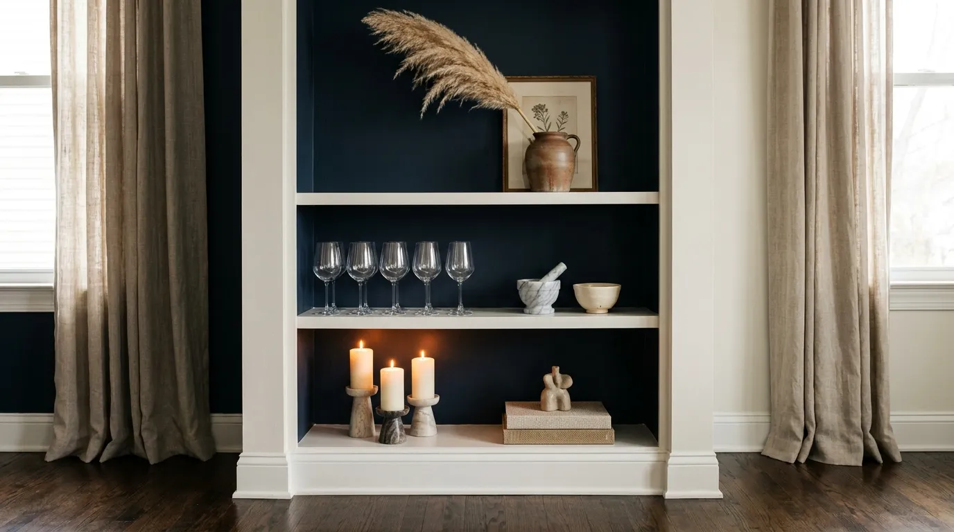 Three-tier dining room shelf unit with a dark navy back panel showing a curated arrangement across each level — dried botanicals and framed art on top, a row of wine glasses and ceramics at seated eye level, and candle holders with a book stack on the lowest shelf