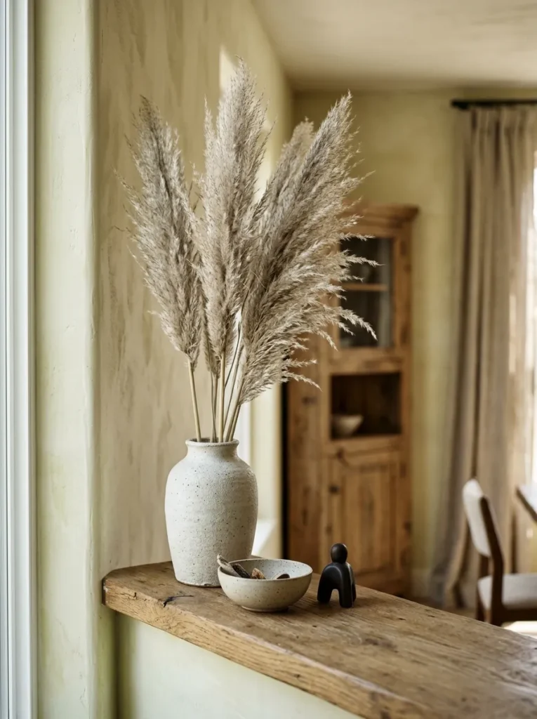 Tall dried pampas grass stems in a textured ceramic vase at the back-left of a dining room shelf, extending 18 inches above the rim and serving as the arrangement's primary vertical accent with silvery-beige feathery heads adding organic texture
