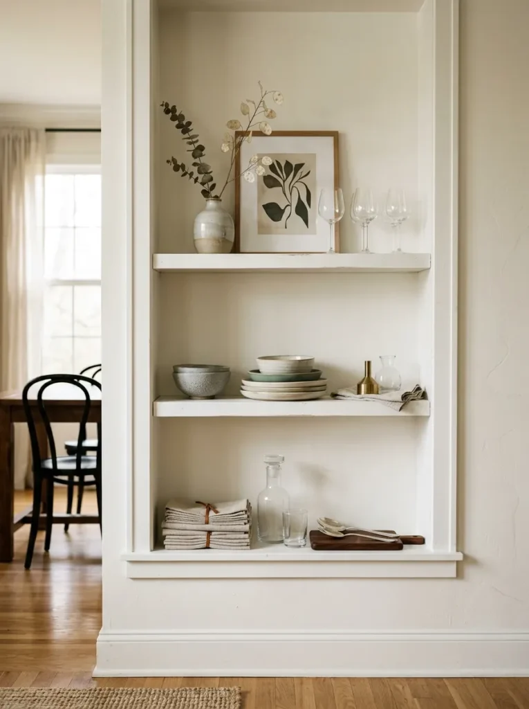 Three-tier dining room built-in shelf unit showing the vertical function division — folded linens and serving pieces on the lowest shelf for practical access, with curated ceramics, art, and botanicals on the upper two shelves for display

