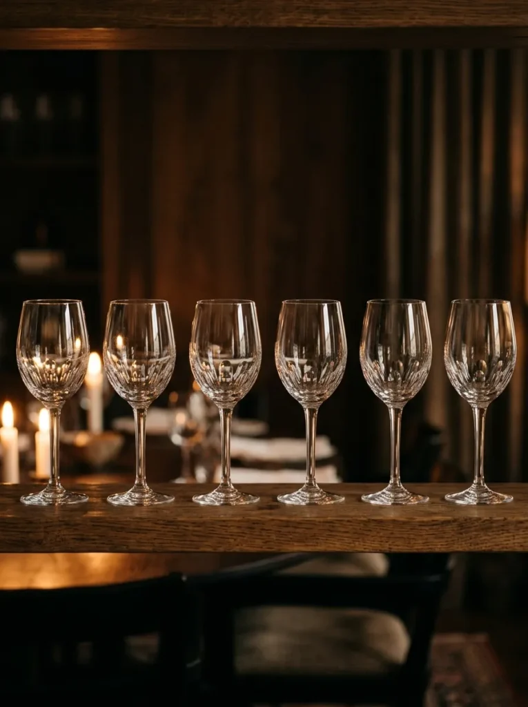 Six matching crystal wine glasses in a precise aligned row along the back of a dining room shelf, creating visual rhythm through their repeated form and catching warm candlelight along their edges
