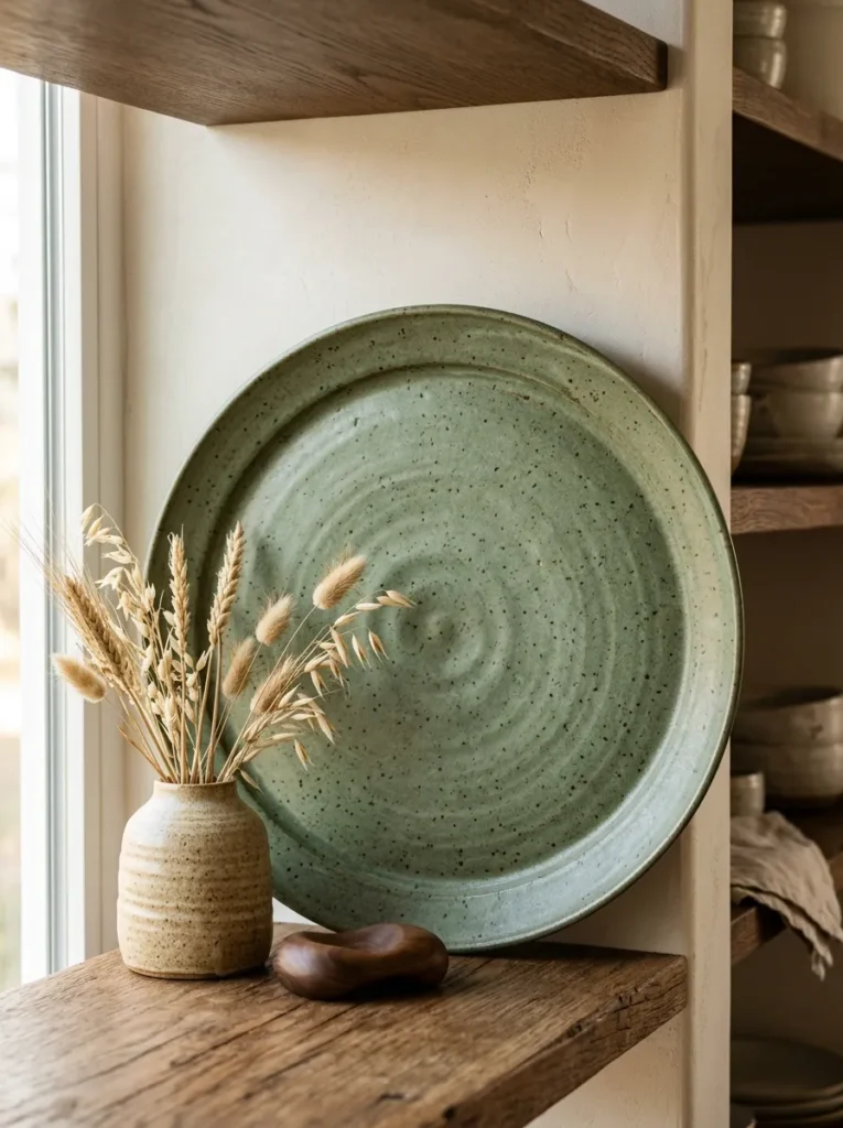 Large handthrown sage glazed ceramic platter leaned against the back wall of a dining room shelf, creating a rich backdrop for a small ceramic vase and wooden object positioned in the foreground
