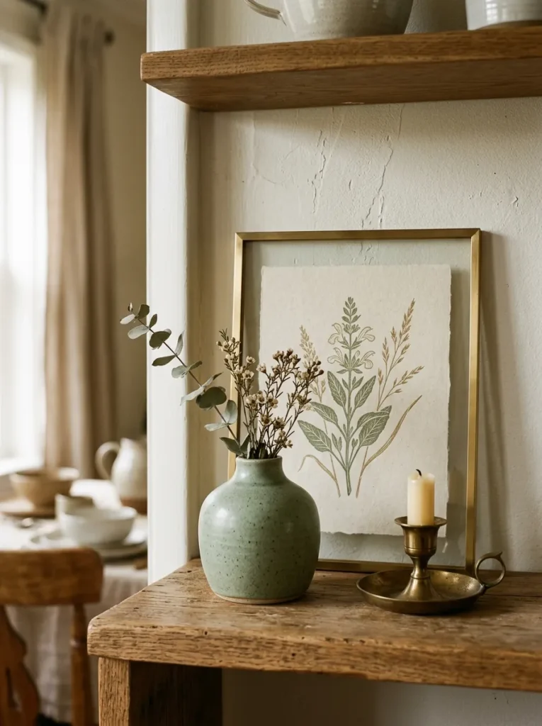Small botanical print in a thin brass frame leaned against the back wall of a dining room shelf, creating a background layer behind the ceramic vase and small object positioned in the foreground, showing three-dimensional compositional depth
