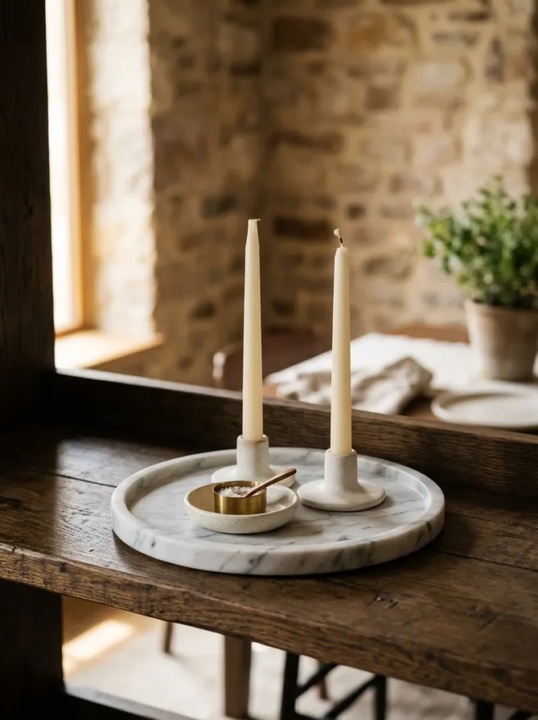 Round marble tray on a dining room shelf containing two taper candles and a small salt cellar, creating a clearly defined sub-zone within the shelf's horizontal space, with open shelf surface around the tray boundaries
