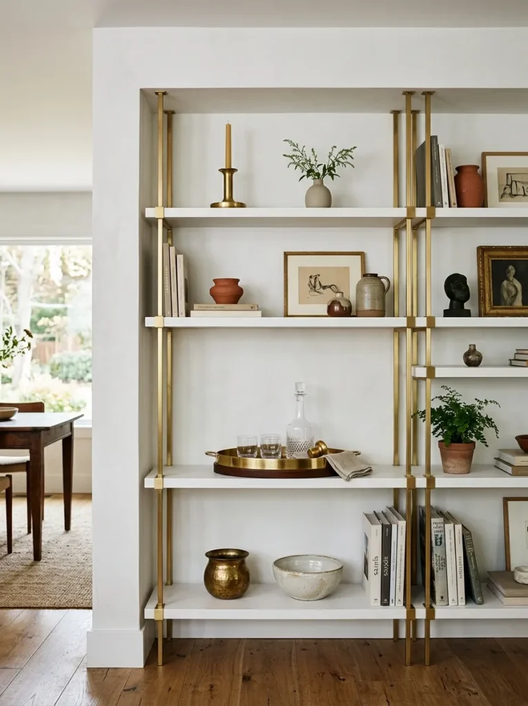 Dining room shelving unit showing brass repeated across all three shelf levels — a brass candleholder on top, a brass-rimmed tray in the middle, and a brass vessel on the bottom — creating visual unity across the full unit
