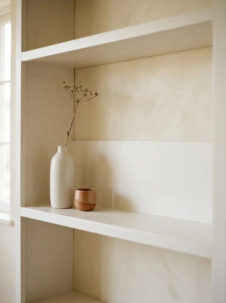 One dining room shelf level showing the negative space principle — a tall vase with a dried stem and one small ceramic occupy the left third while the entire right two-thirds remains deliberately clear, allowing the objects to read distinctly against the open surface
