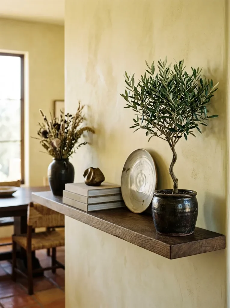 Small compact olive tree in a dark glazed ceramic pot positioned at the far right end of a dining room shelf, serving as the composition's visual full stop and organic boundary to the arrangement
