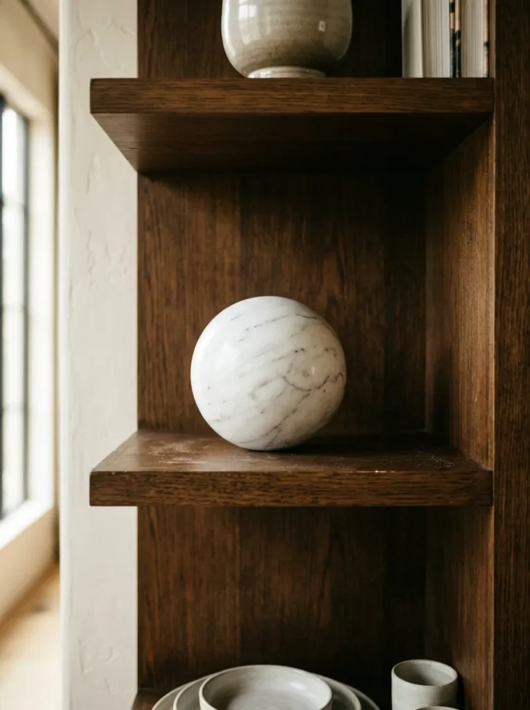 A smooth white marble sphere positioned as the focal point of a dining room shelf's seated-eye-level tier, with clear negative space on all sides emphasizing its sculptural status as the shelf's primary art object
