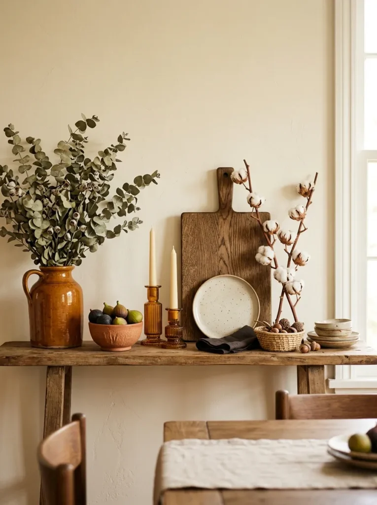 Dining room shelf styled for autumn seasonal rotation with dried eucalyptus in an amber ceramic vase, a bowl of figs in a terracotta dish, amber glass candleholders, and dried cotton stems — the warm harvest palette reflecting the dining calendar's autumn season
