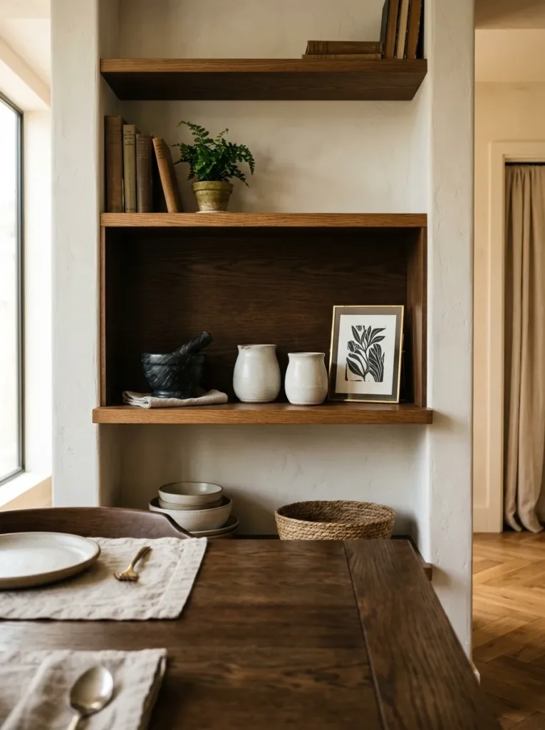 Dining room shelf unit viewed from a seated position at the dining table, showing the middle shelf at seated eye level as the most visually prominent and most carefully composed tier, with a marble mortar, ceramic vessels, and leaned print as the primary focal elements
