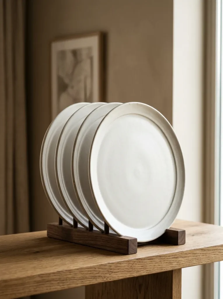 Four matching matte white stoneware dinner plates displayed vertically in a wooden plate stand on a dining room shelf, reading as a sculptural display element with clear shelf surface around them
