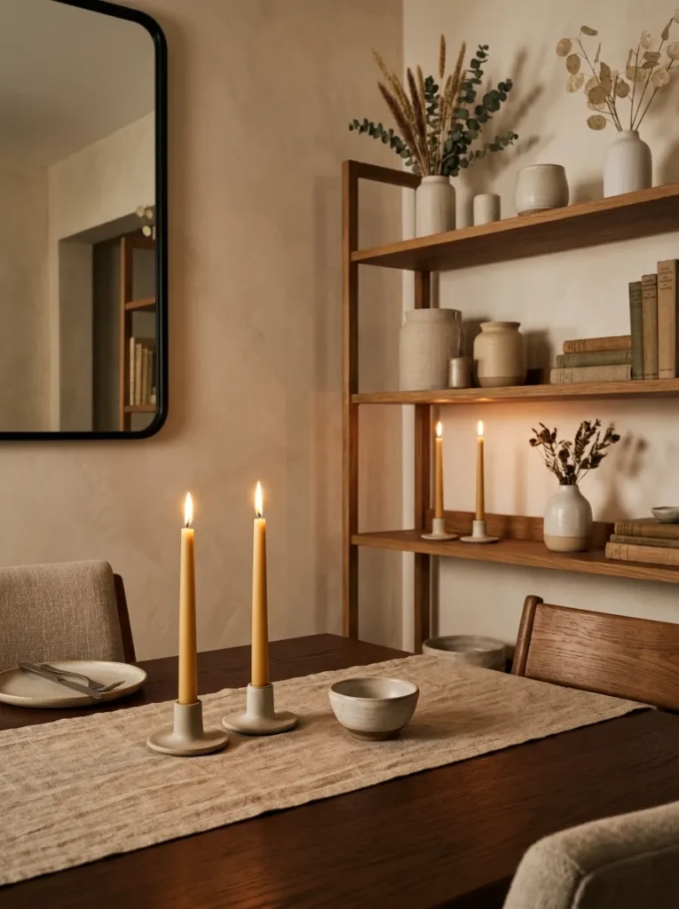 Dining room viewed from a seated position showing the dining table with a linen runner and ceramic candle holders in the foreground coordinating with the shelf unit in the background in the same warm palette, material tones, and visual warmth, reading as a single composed room
