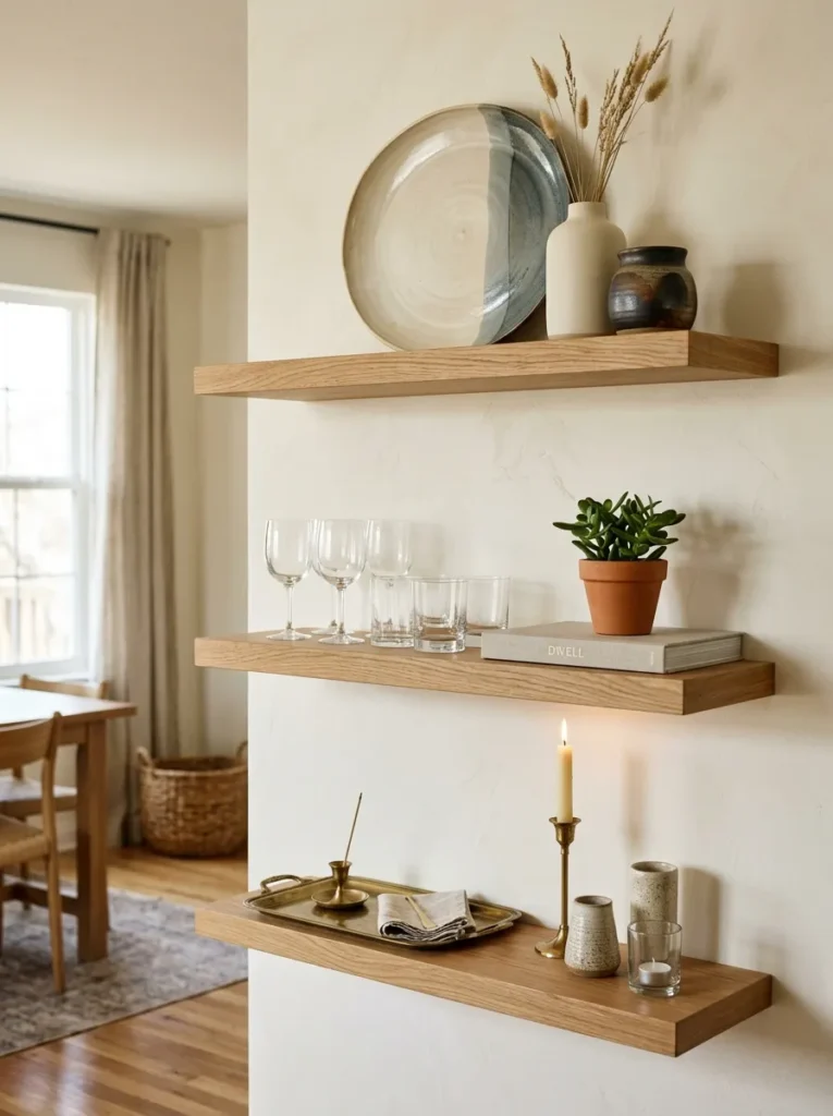 Three-tier dining room floating shelf unit showing each level styled as its own distinct composition — leaned platter on top, glassware and plant in the middle, candles and a tray on the bottom — reading as individual arrangements and as a unified display
