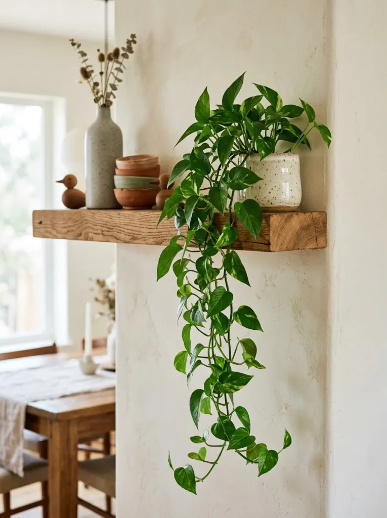 Pothos plant in a small ceramic pot at the corner of a dining room shelf, with trailing stems cascading approximately 12 inches over the shelf edge, contrasting with the upright vase and ceramics arranged to the left
